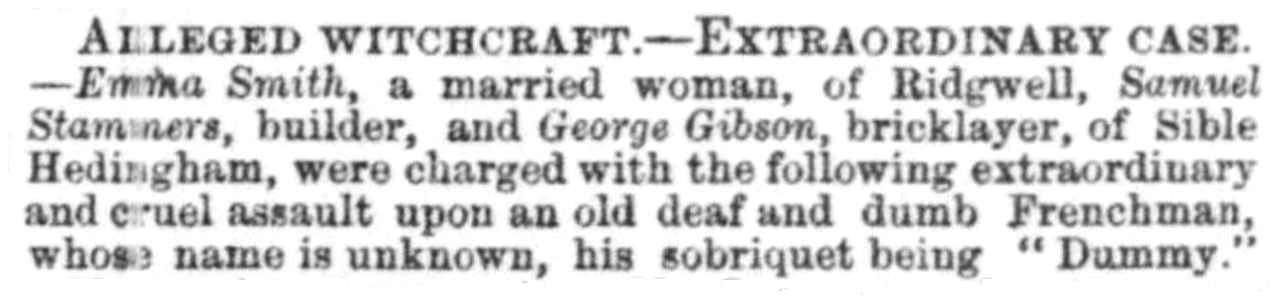1863 newspaper report of the Essex incident "Alleged Witchcraft"