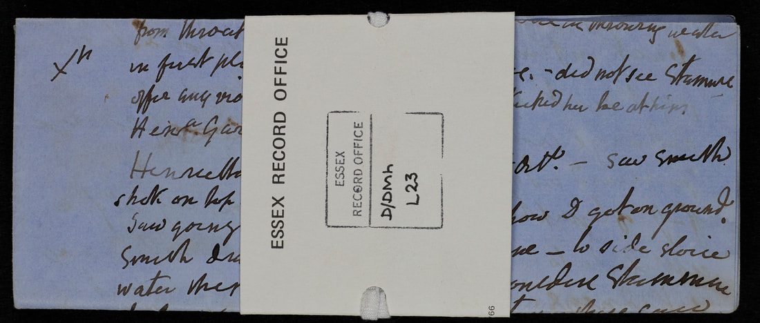 Black handwriting on pale blue paper, folded like a letter. This is overlaid with a cream label identifying the document as being from Essex Record Office, reference D/Dmh L23.