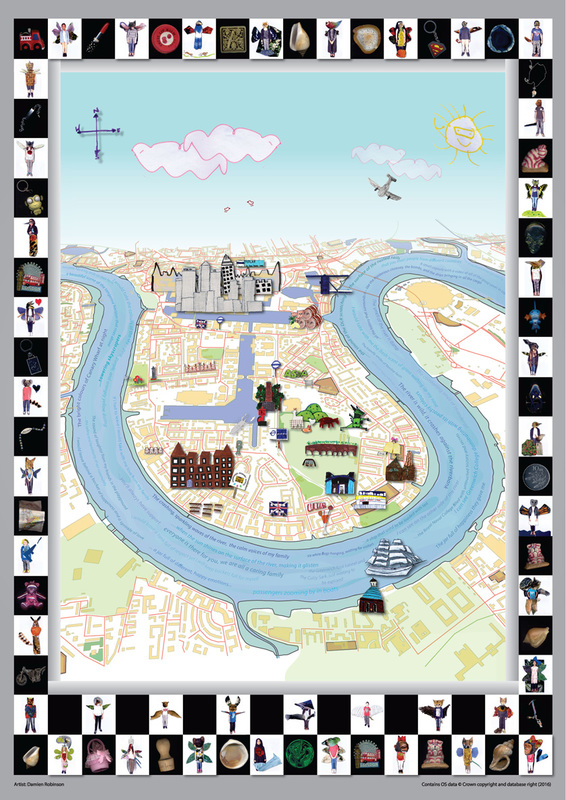 “A Map of the Isle of Dogs”; collaged drawings converted to a digital map of the iconic river loop