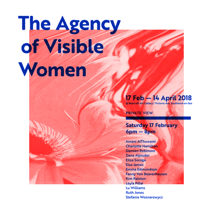 Exhibition poster of a distorted red flower image, blue text and a white background. Text gives exhibition details and artist names