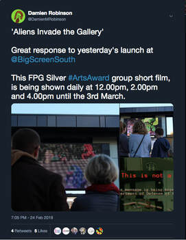 Copy of twitter post showing the film on screen at FPG. Text gives information about the showing times.