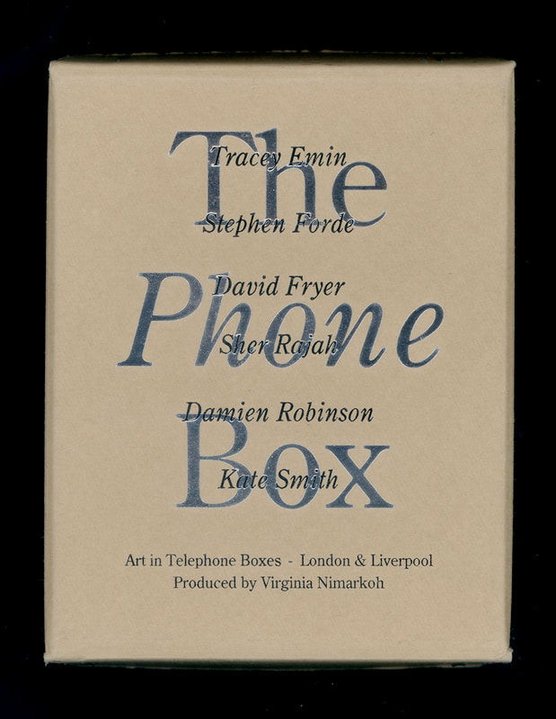 Brown card box with large silver-foiled text reading "The Phone Box". The artists names and project information are overprinted in black italic text.