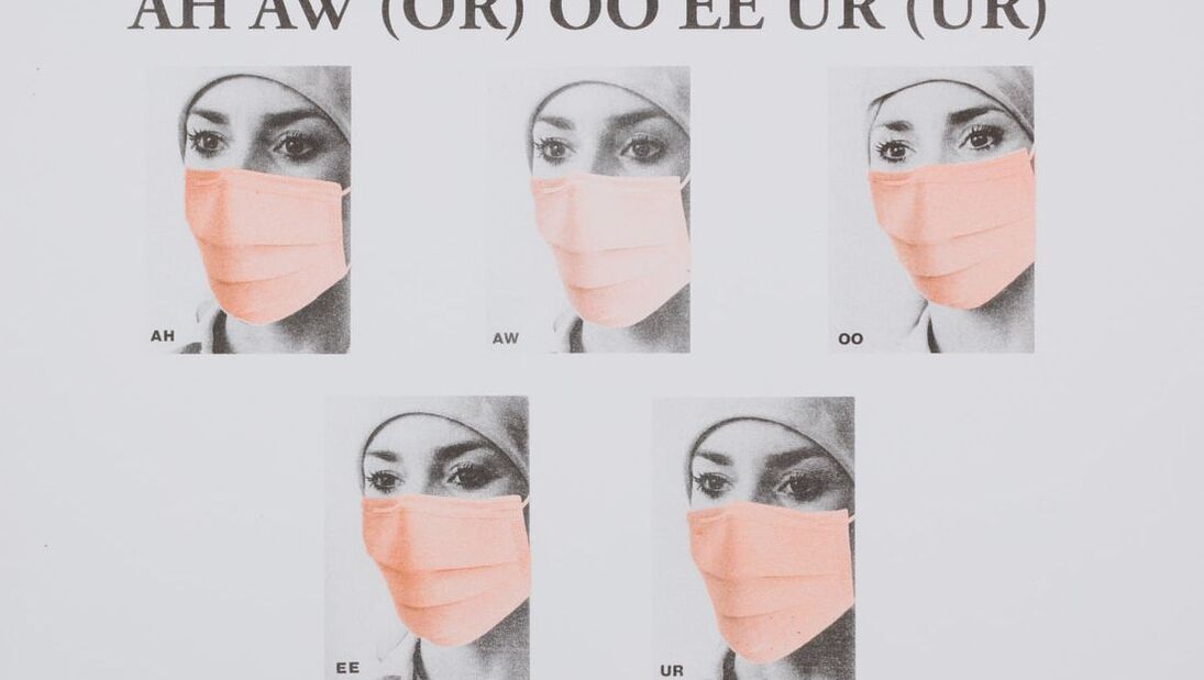 Five photos of a woman's face covered by an orgnge face mask. Text above and below is cropped