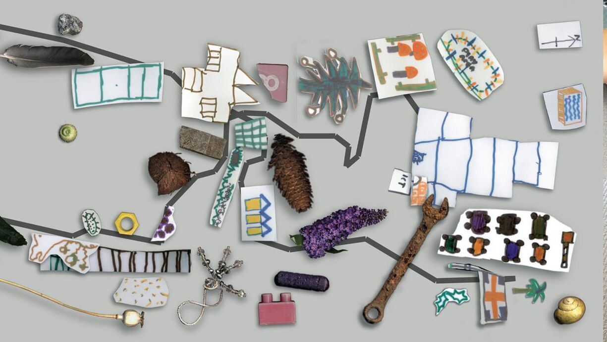 A collaged image of objects, drawings andphotographs creating a map